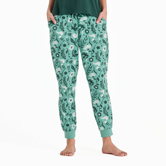 Women's Woodblock Floral and Bird Pattern Snuggle Up Sleep Jogger