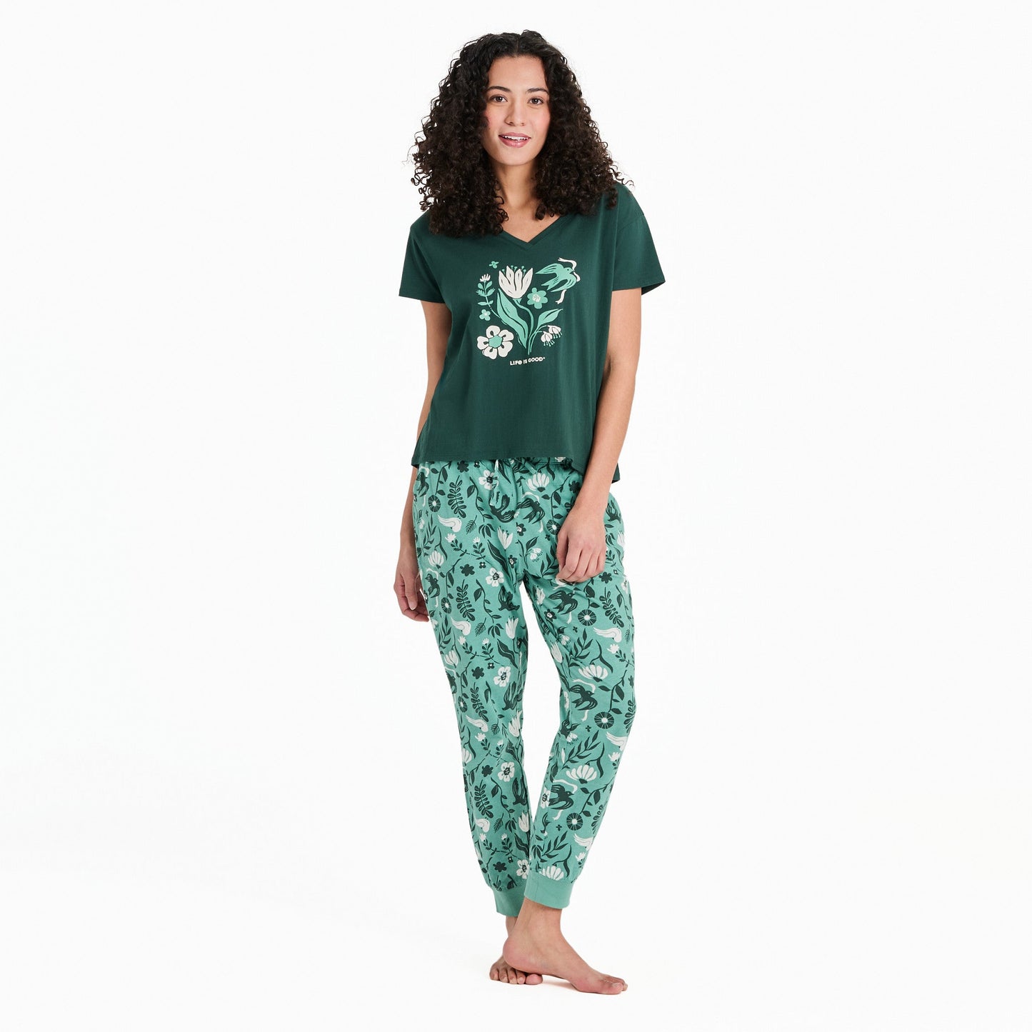 Women's Woodblock Floral and Bird Pattern Snuggle Up Sleep Jogger