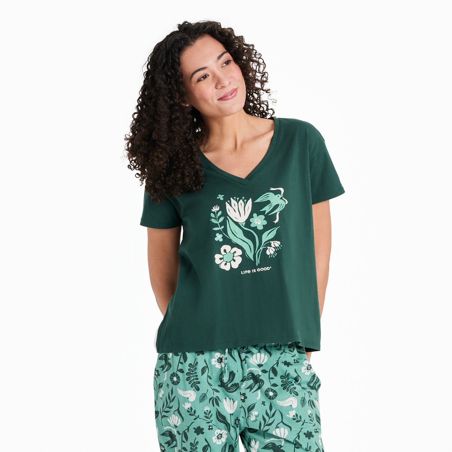 Women's Woodblock Floral and Bird Snuggle Up Sleep Vee