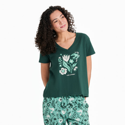 Women's Woodblock Floral and Bird Snuggle Up Sleep Vee