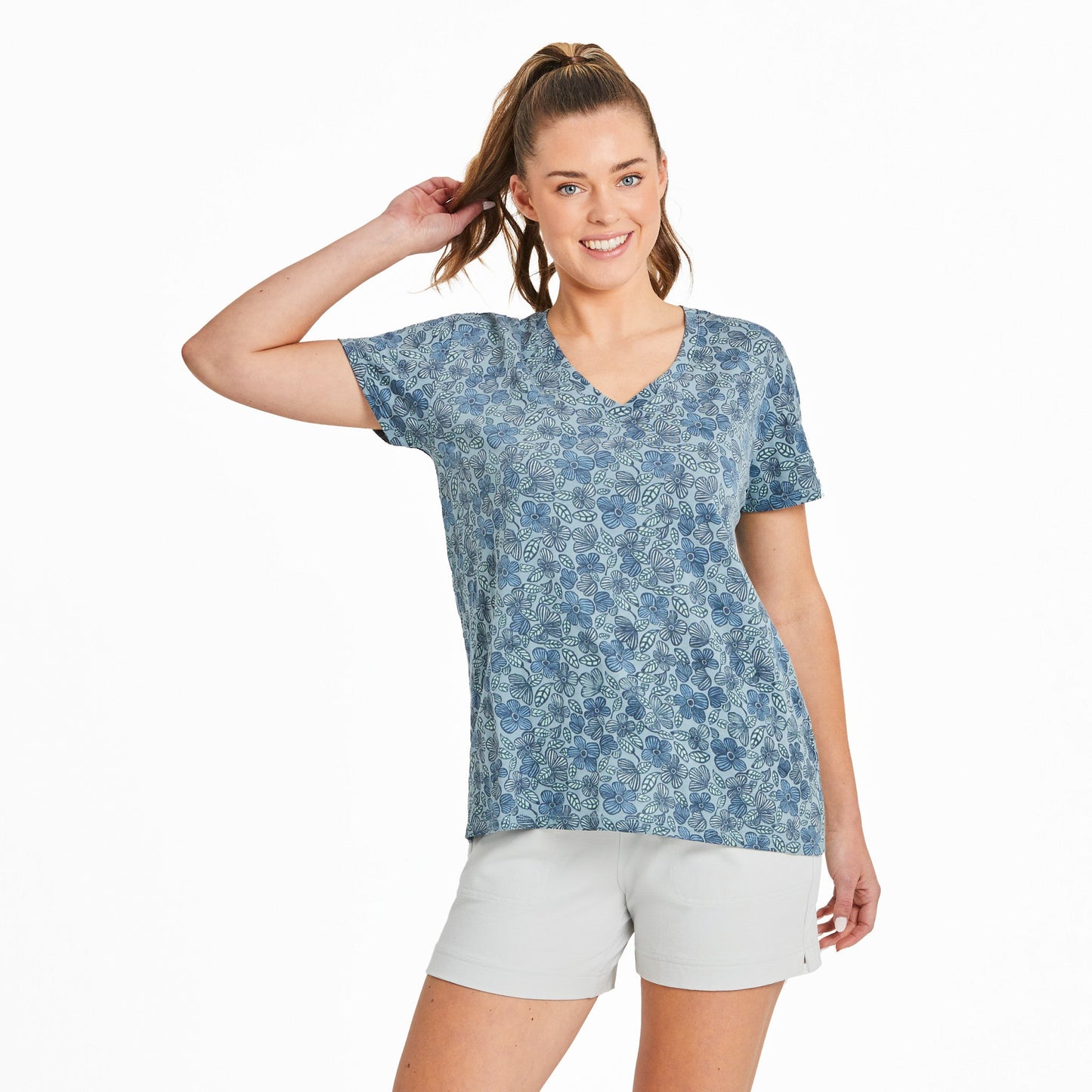 Women's Woodblock Floral Pattern Crusher-LITE Easy Vee