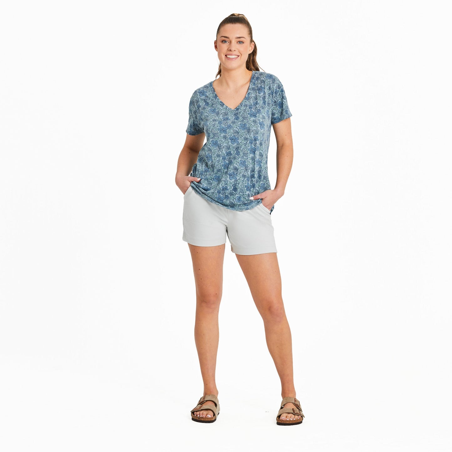 Women's Woodblock Floral Pattern Crusher-LITE Easy Vee