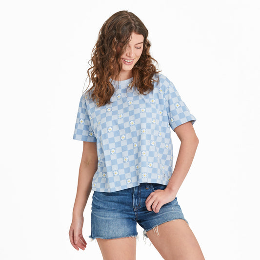 Women's Daisy Checkerboard Pattern Short Sleeve Crusher Boxy Tee
