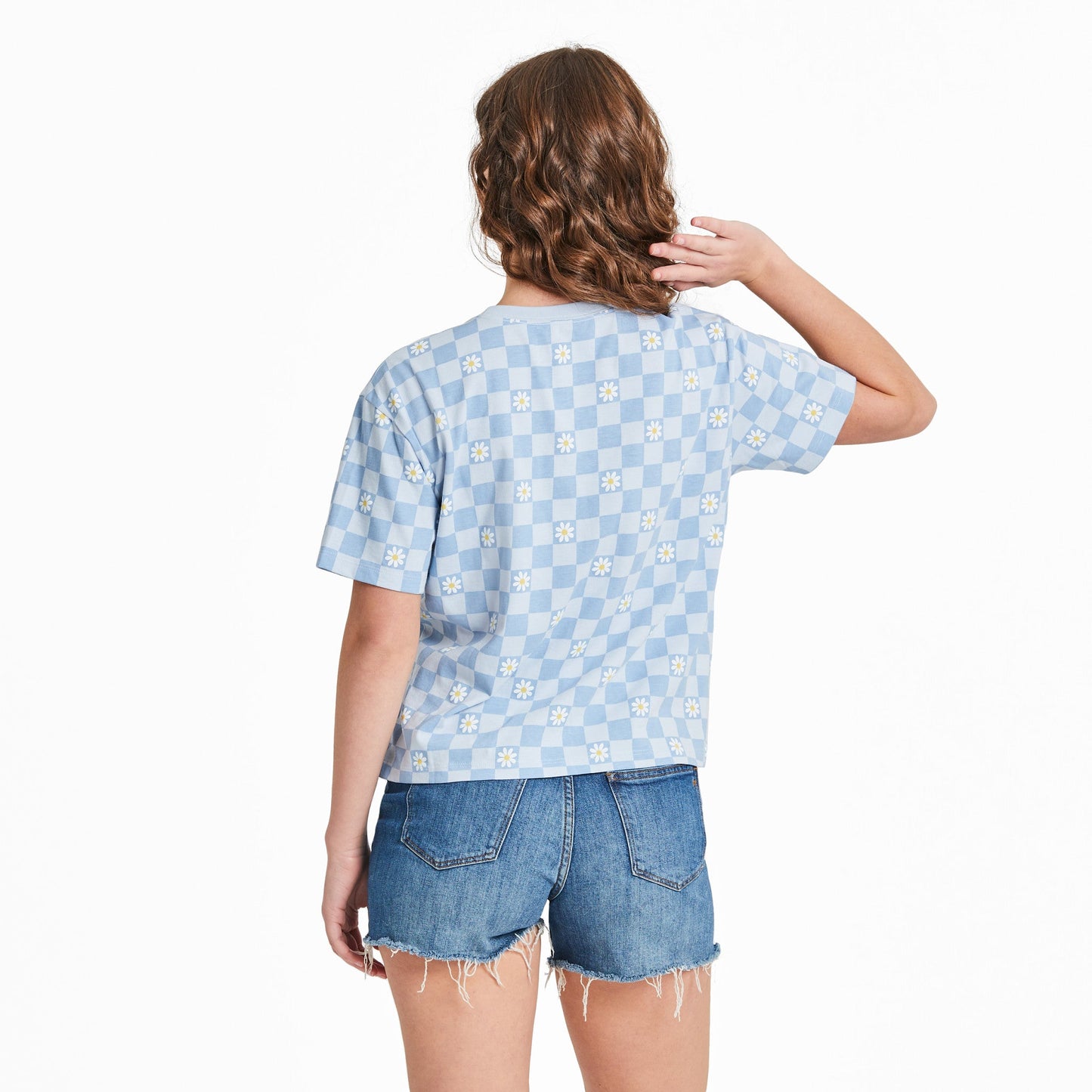 Women's Daisy Checkerboard Pattern Short Sleeve Crusher Boxy Tee