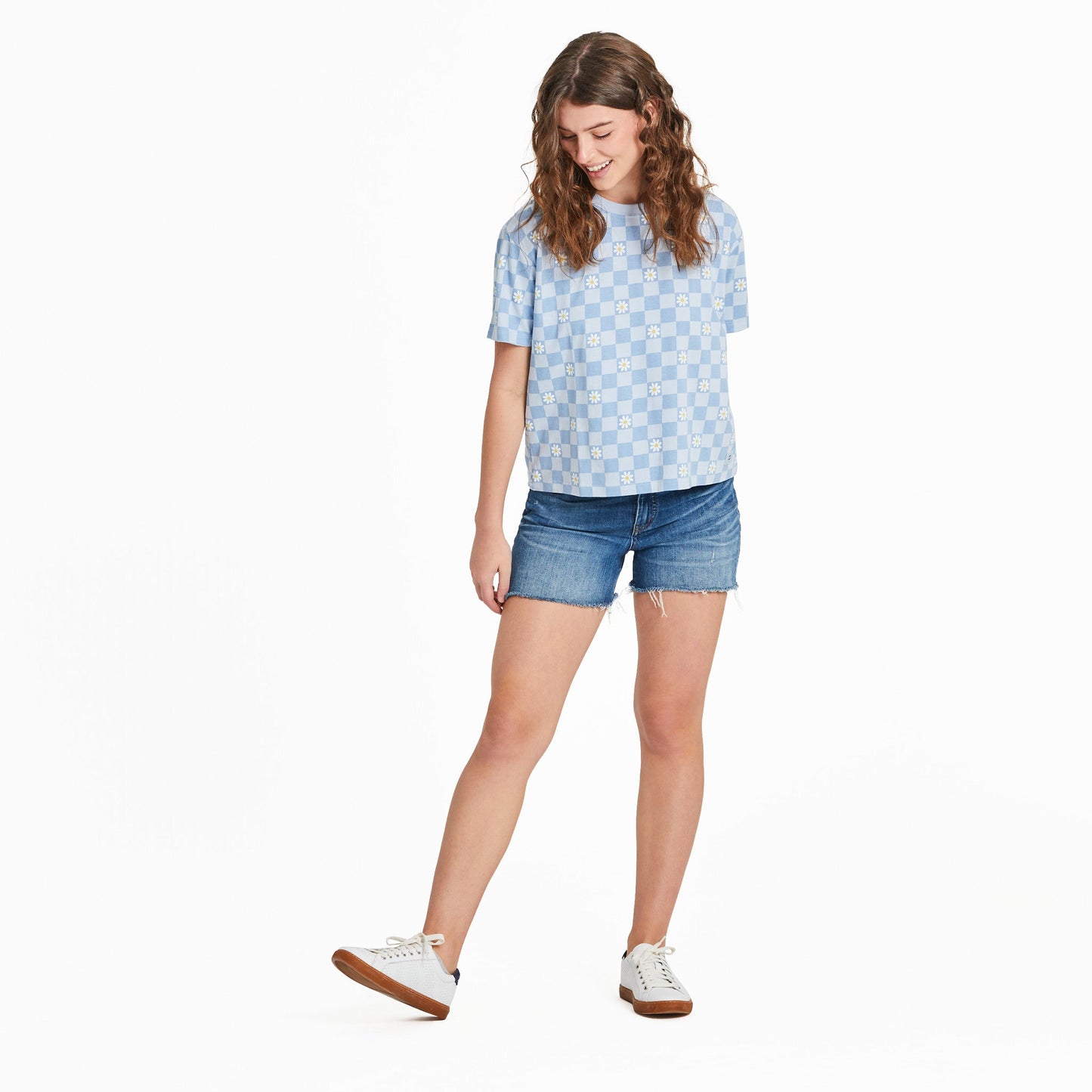 Women's Daisy Checkerboard Pattern Short Sleeve Crusher Boxy Tee