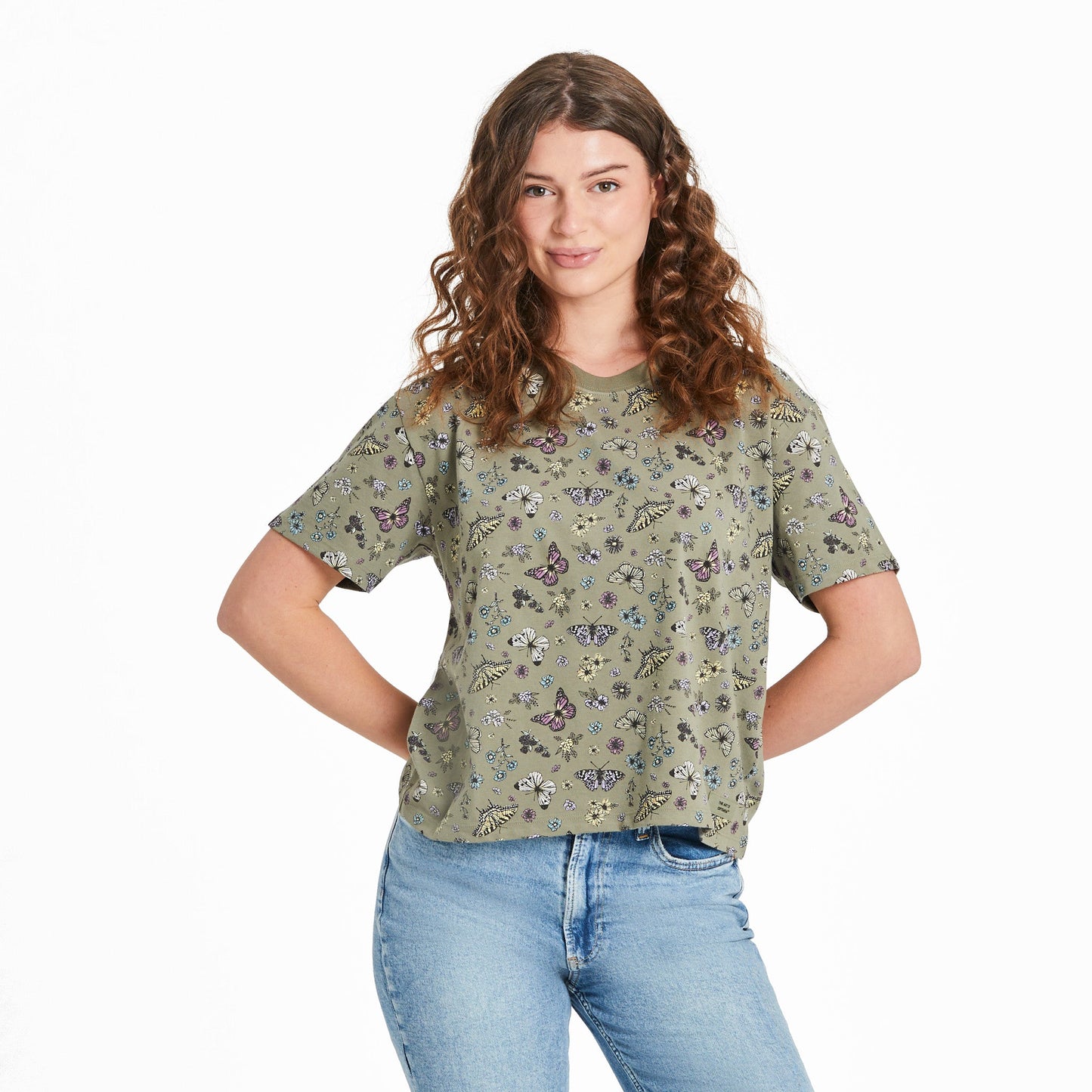 Women's Butterfly Garden Pattern Short Sleeve Crusher Boxy Tee