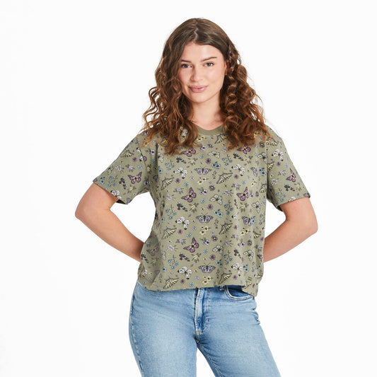 Women's Butterfly Garden Pattern Short Sleeve Crusher Boxy Tee