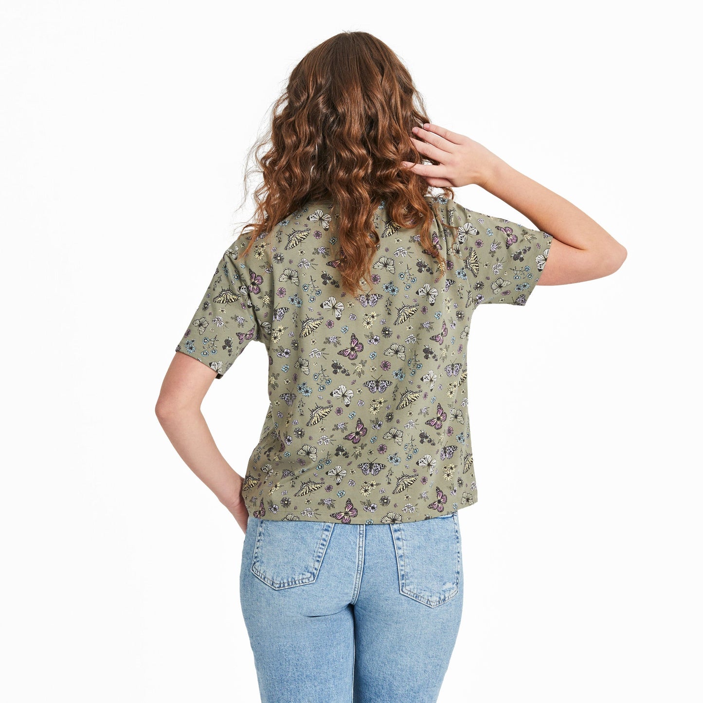 Women's Butterfly Garden Pattern Short Sleeve Crusher Boxy Tee