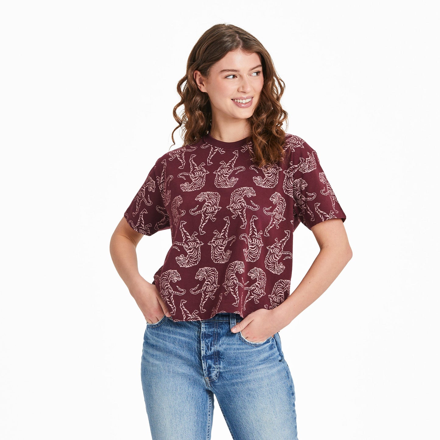 Women's Powerful Energy Tiger Pattern Short Sleeve Crusher Boxy Tee