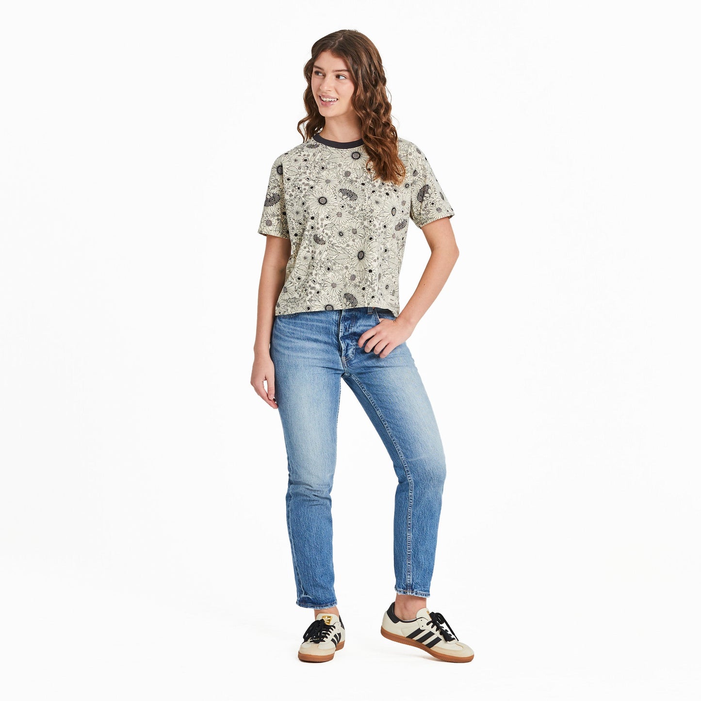 Women's Sunshine Floral Pattern Short Sleeve Crusher Boxy Tee