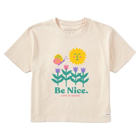 Women's Be Nice Flowers Short Sleeve Crusher Boxy Tee
