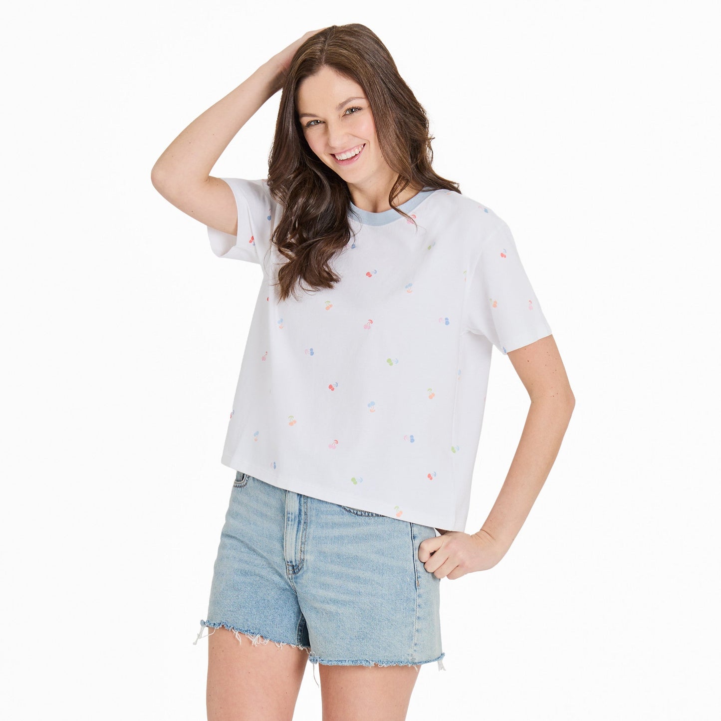 Women's Cherry Pattern Short Sleeve Crusher Boxy Tee