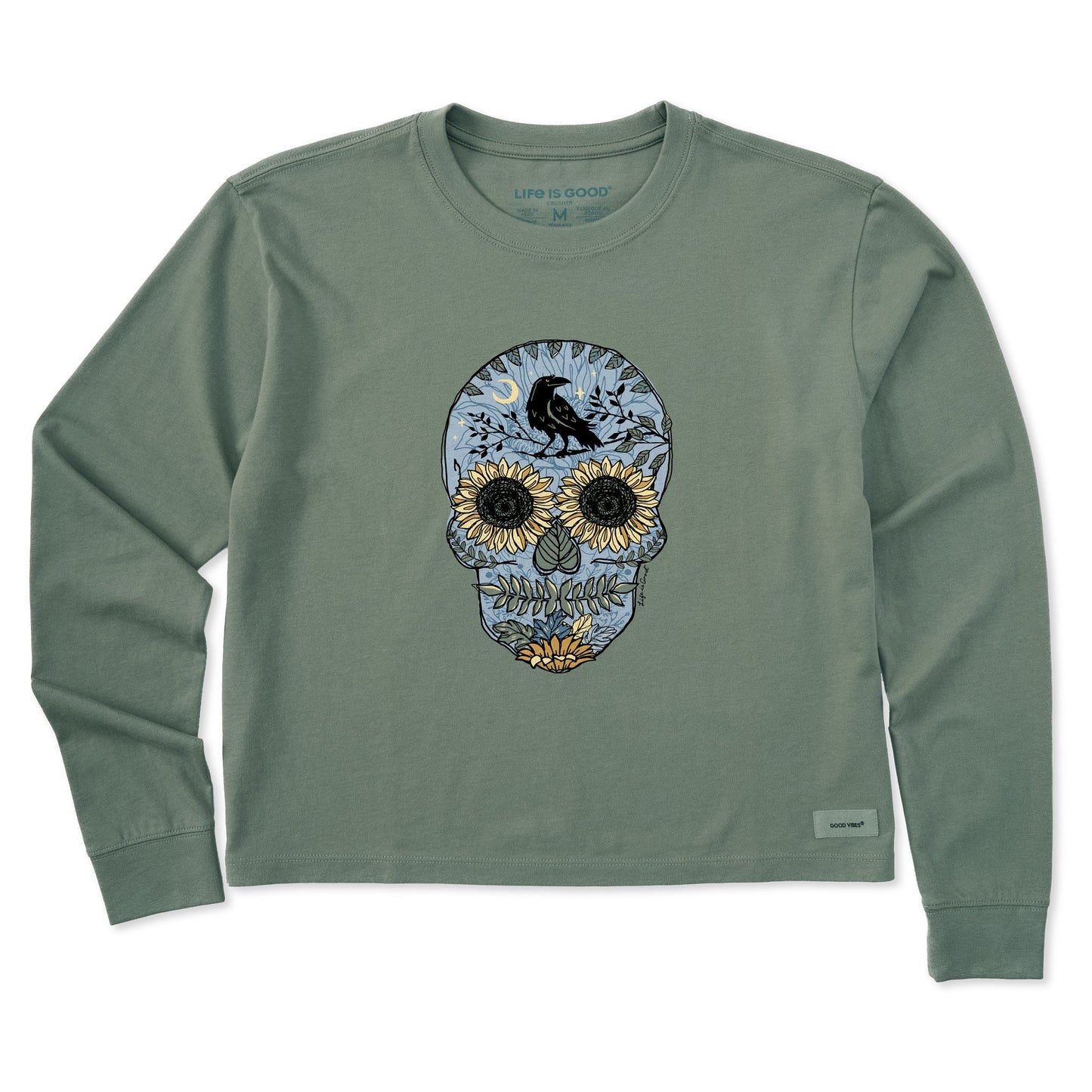 Women's Sunflower Skull Long Sleeve Crusher Boxy Tee