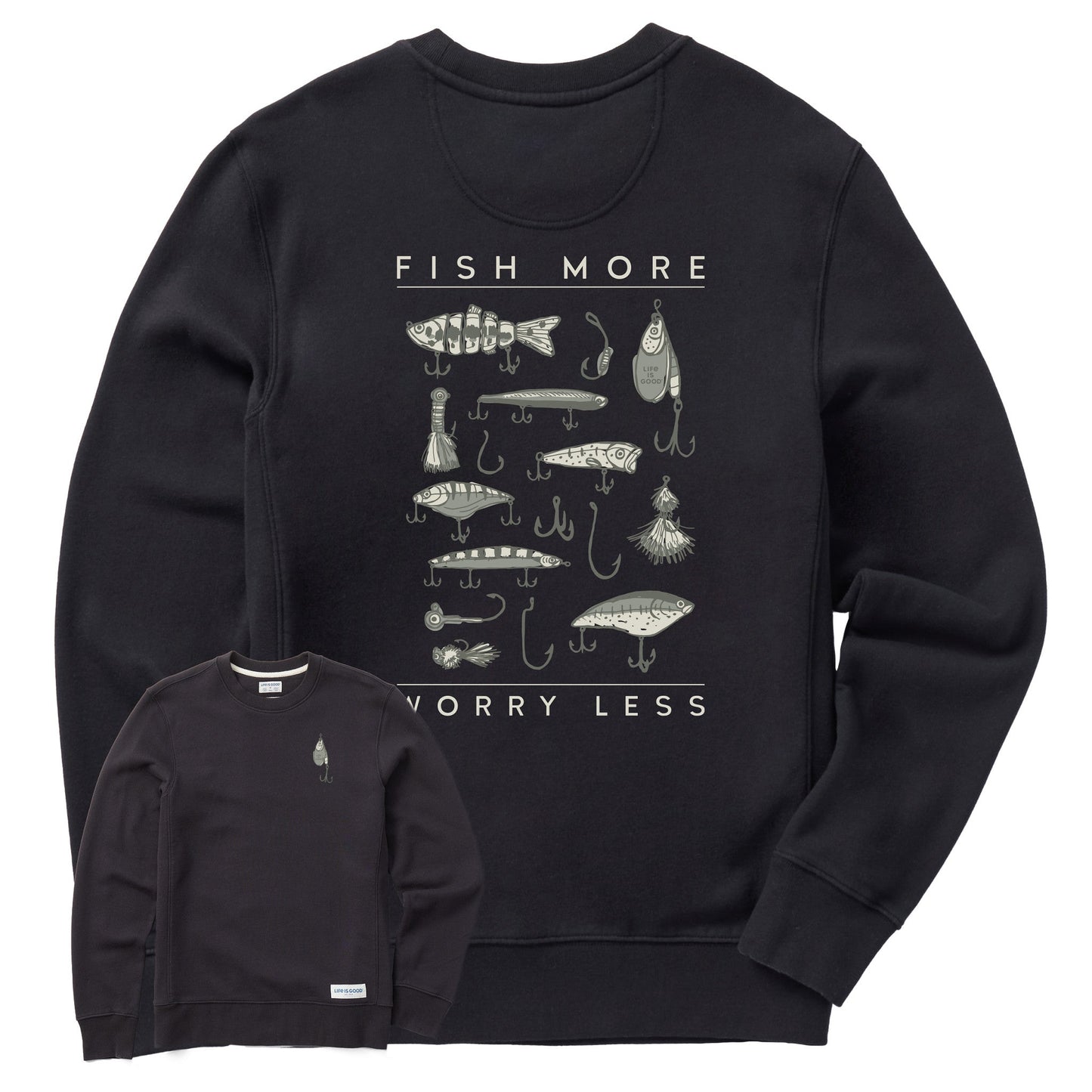 Men's Fish More Worry Less Hooks and Tackle Simply True Fleece Crew