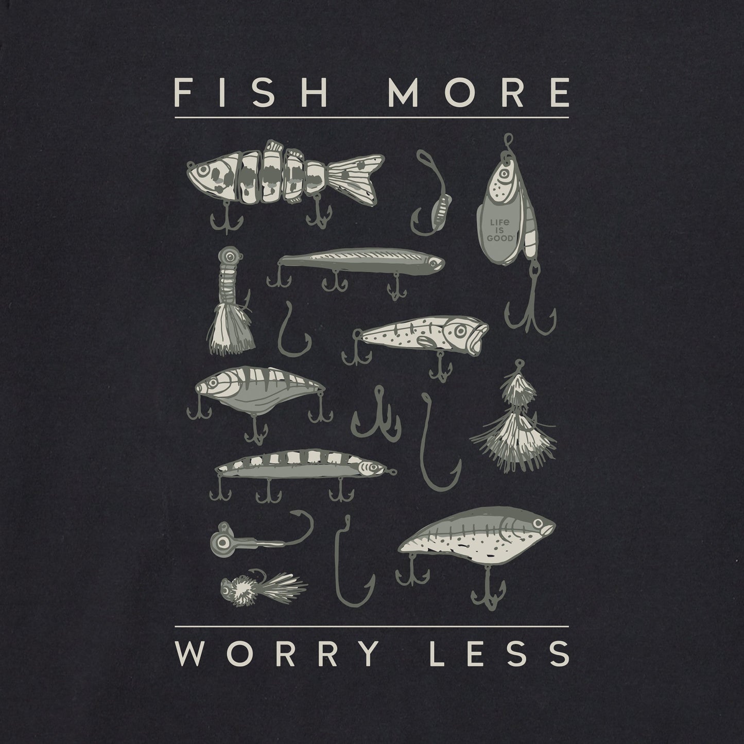 Men's Fish More Worry Less Hooks and Tackle Simply True Fleece Crew