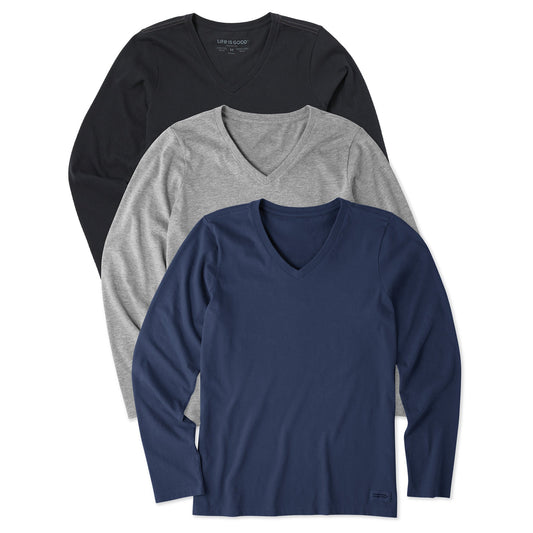 Women's Solid 3-Pack Long Sleeve Crusher Vee  Multi 2