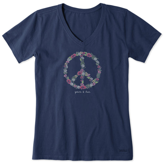 Women's Wildflower Love Peace Sign Short Sleeve Crusher Vee