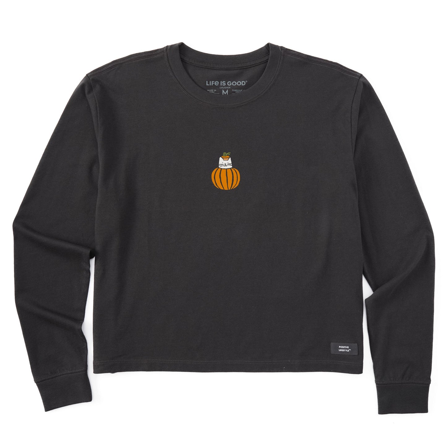 Women's Pumpkin Cat Mini Long Sleeve Crusher Boxy Tee