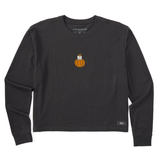 Women's Pumpkin Cat Mini Long Sleeve Crusher Boxy Tee