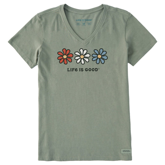 Women's Three Colorful Daisies Short Sleeve Crusher Vee