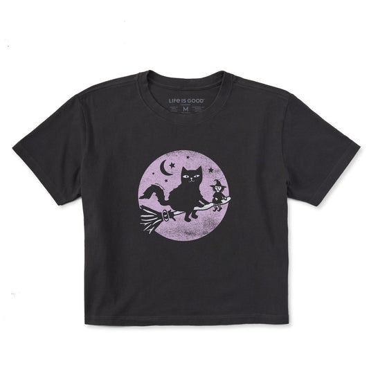 Women's Cat and Tiny Witch Short Sleeve Crusher Boxy Tee