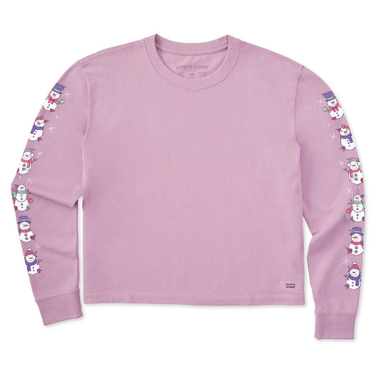 Women's Cute Snowmen Long Sleeve Crusher Boxy Tee