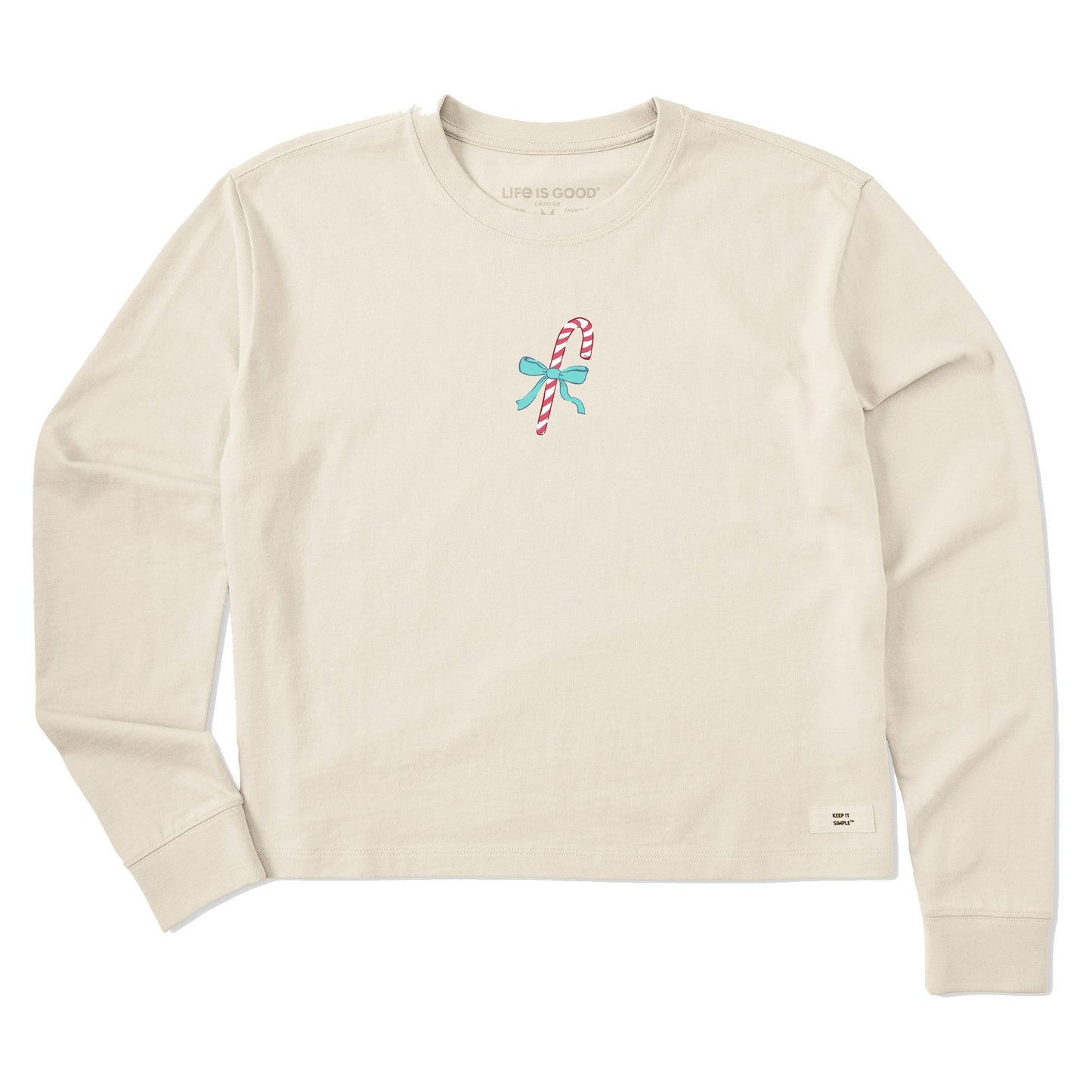 Women's Candy Cane Bow Long Sleeve Crusher Boxy Tee