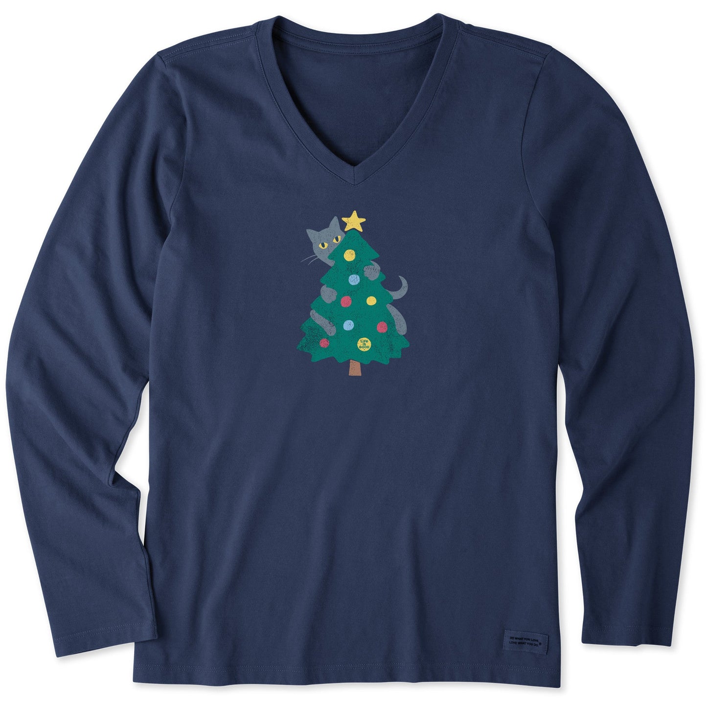 Women's Cat Christmas Tree Long Sleeve Crusher Vee