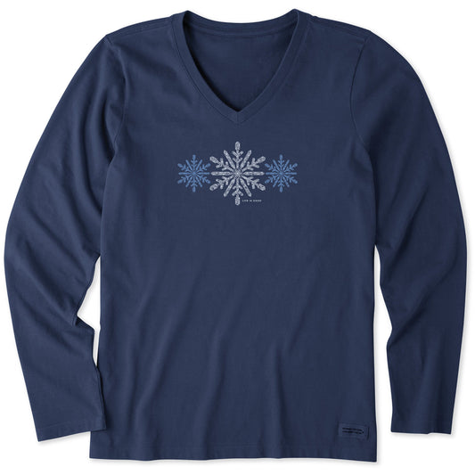 Women's Three Delicate Snowflakes Long Sleeve Crusher Vee