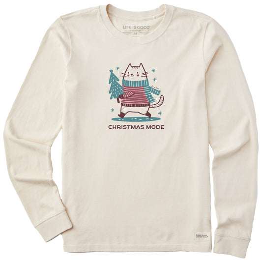 Women's Christmas Mode Cat Long Sleeve Crusher Tee