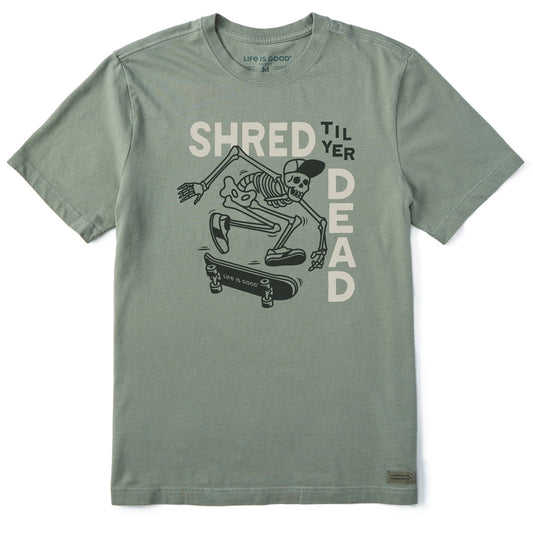 Men's Shred til yer Dead Skateboard Skeleton Short Sleeve Crusher Tee