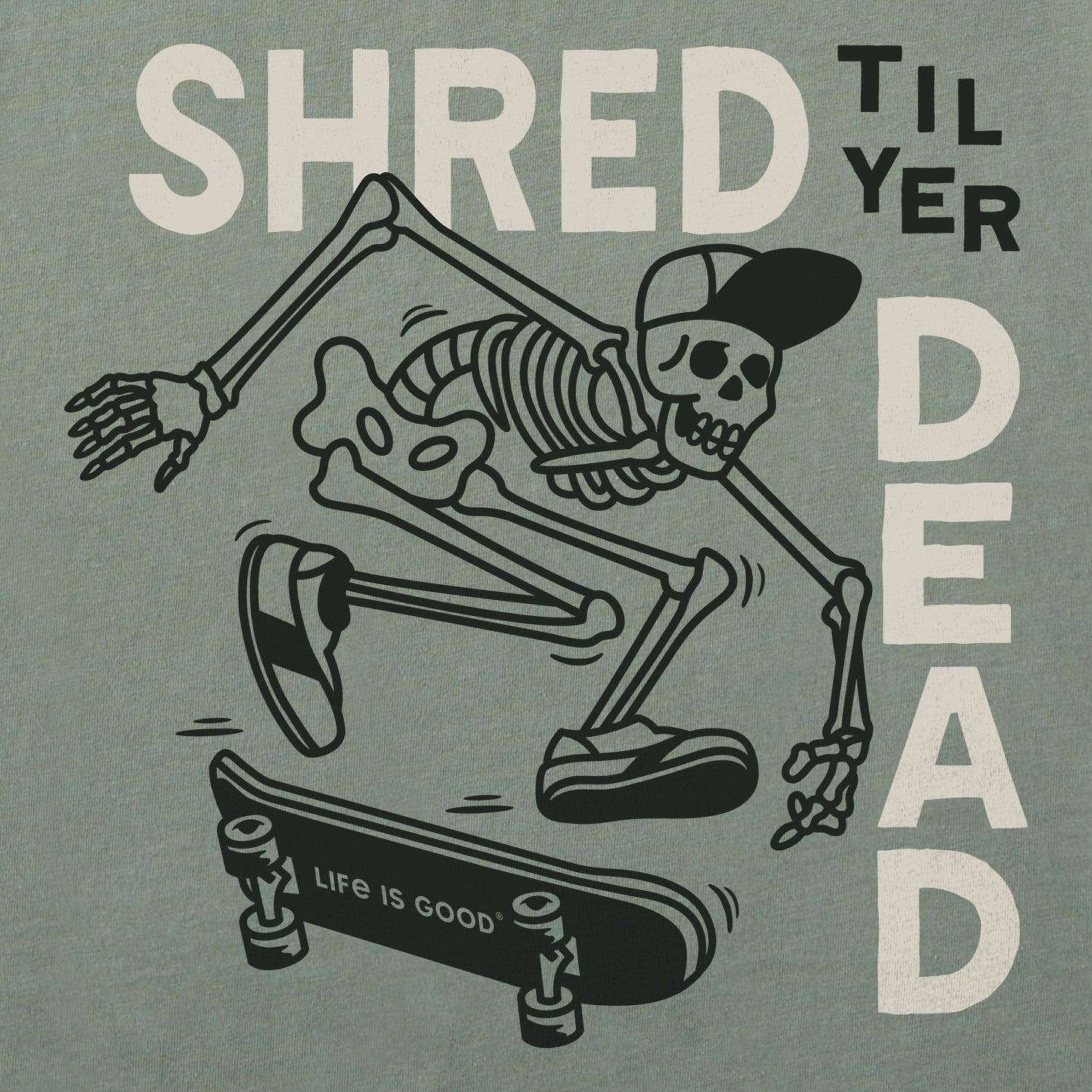 Men's Shred til yer Dead Skateboard Skeleton Short Sleeve Crusher Tee