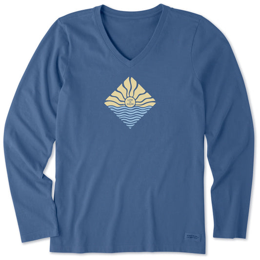 Women's Diamond Waves & Sun Long Sleeve Crusher Vee