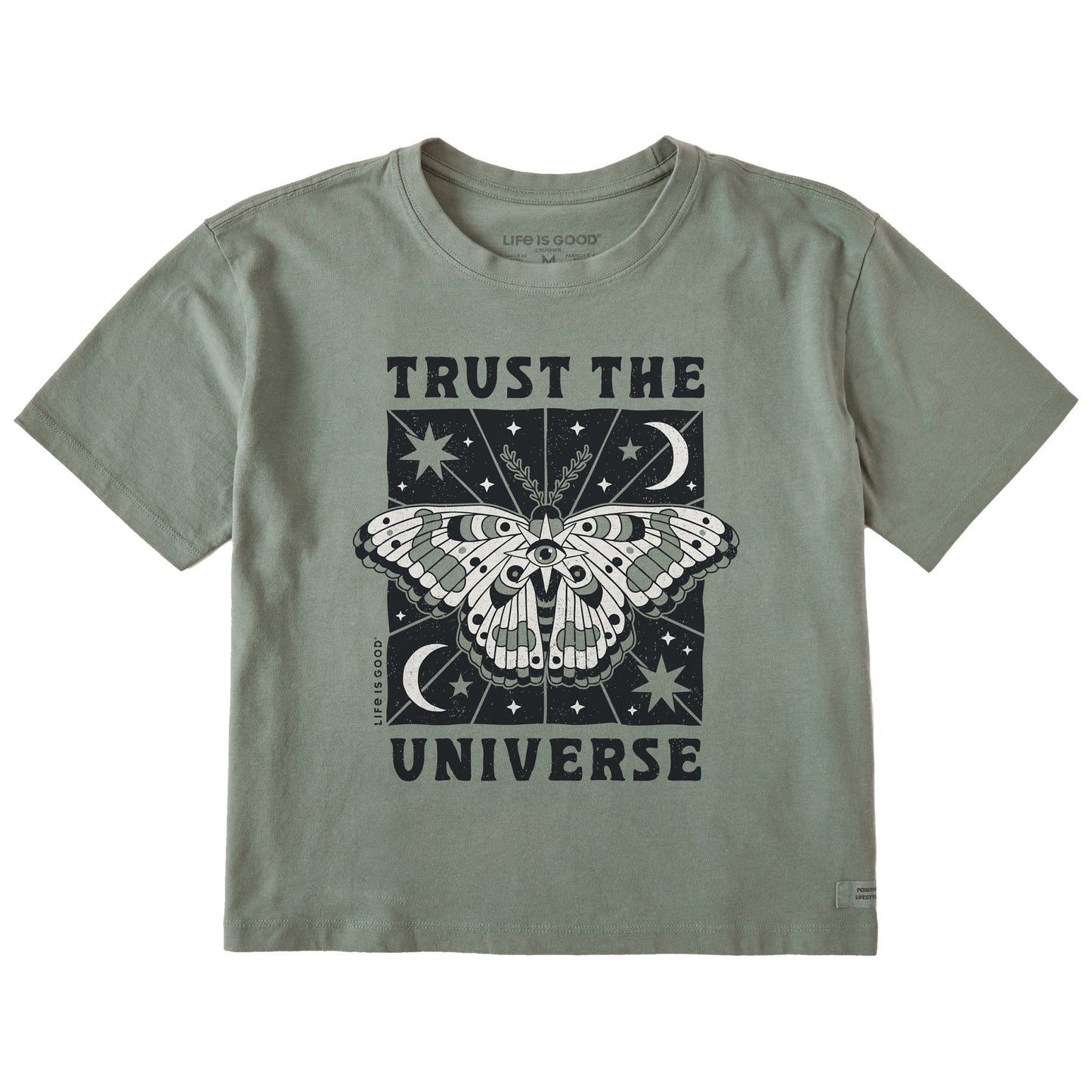 Women's Trust the Universe Moth Short Sleeve Crusher Boxy Tee