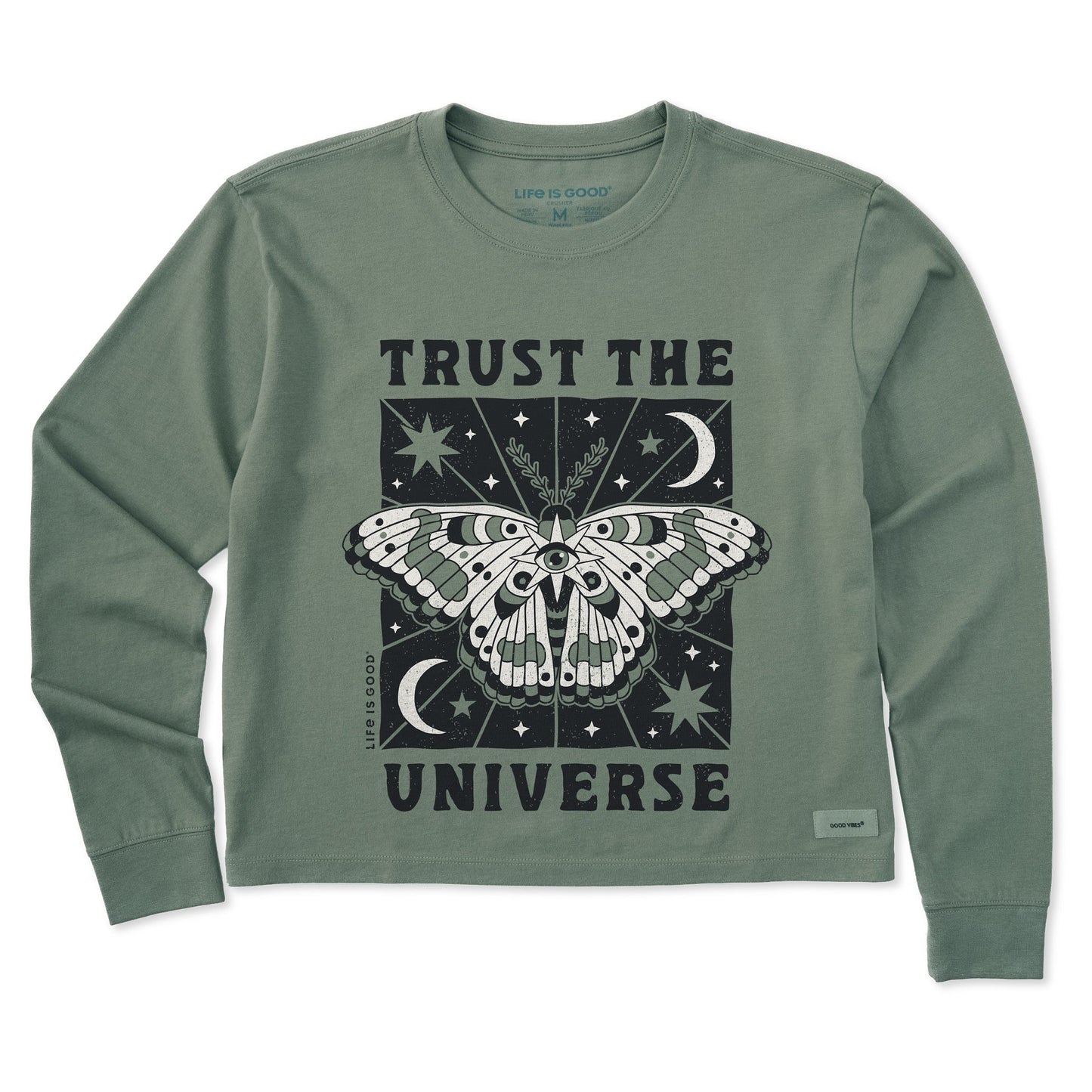 Women's Trust the Universe Moth Long Sleeve Crusher Boxy Tee
