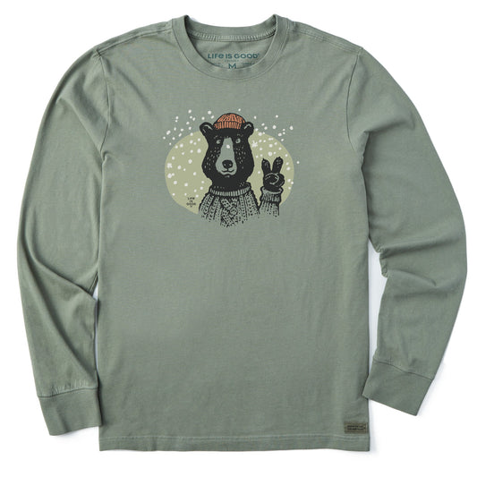 Men's Snowy Peace Sign Bear Long Sleeve Crusher Tee