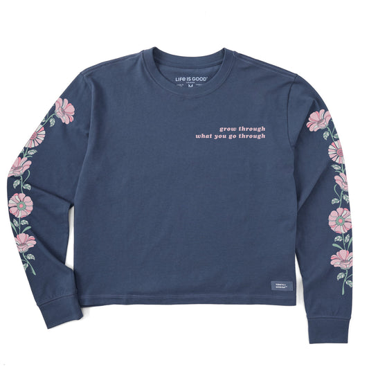 Women's Grow Through Retro Flowers Long Sleeve Crusher Boxy Tee