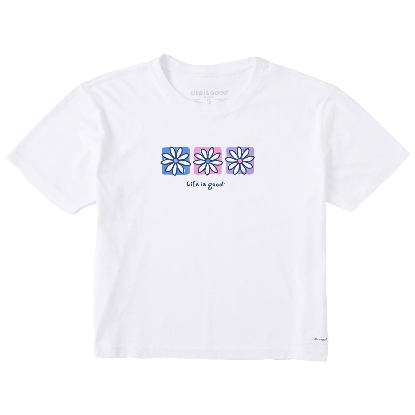 Women's Three Boxed Daisies Short Sleeve Crusher Boxy Tee