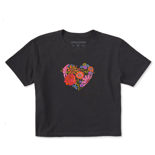 Women's Retro Flower Heart Short Sleeve Crusher Boxy Tee
