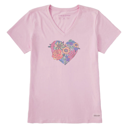 Women's Retro Flower Heart Short Sleeve Crusher Vee