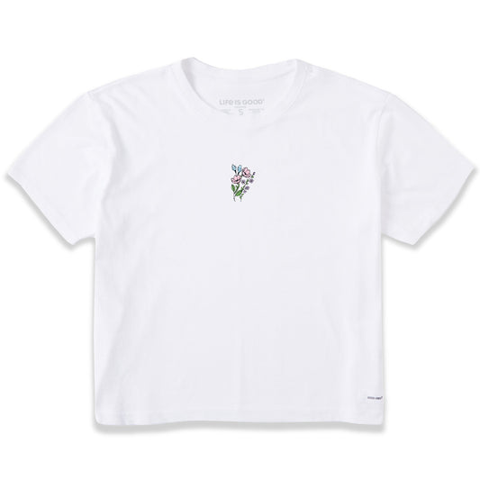 Women's Embroidered Wildflower Bouquet Short Sleeve Crusher Boxy Tee