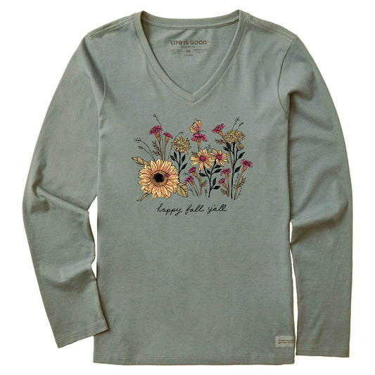 Women's Happy Fall Flowers Long Sleeve Crusher Vee