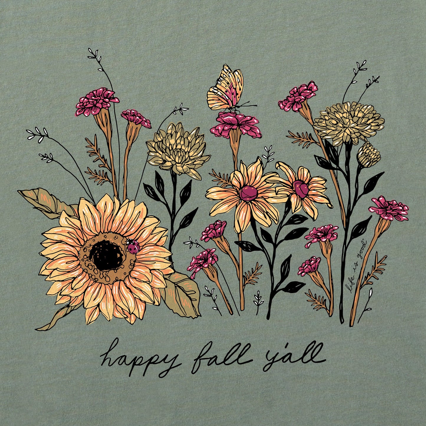 Women's Happy Fall Flowers Long Sleeve Crusher Vee