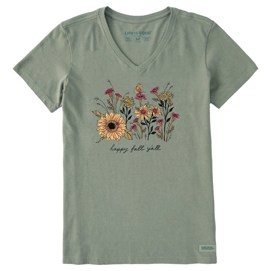 Women's Happy Fall Flowers Short Sleeve Crusher Vee