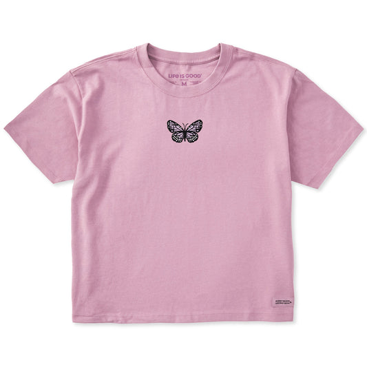 Women's Embroidered Butterfly Short Sleeve Crusher Boxy Tee