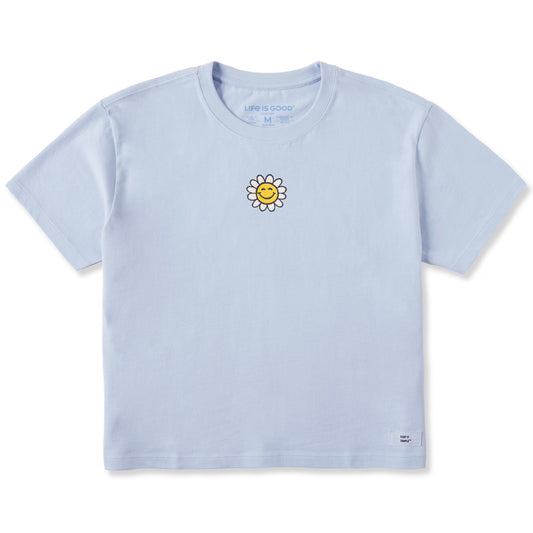 Women's Embroidered Smile Daisy Short Sleeve Crusher Boxy Tee