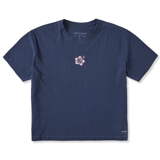 Women's Embroidered Hibiscus Short Sleeve Crusher Boxy Tee