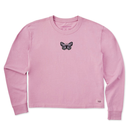 Women's Embroidered Butterfly Long Sleeve Crusher Boxy Tee