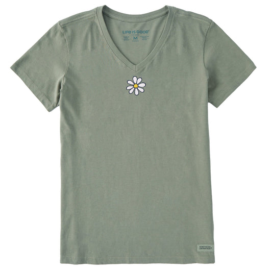 Women's Embroidered Daisy Short Sleeve Crusher Vee
