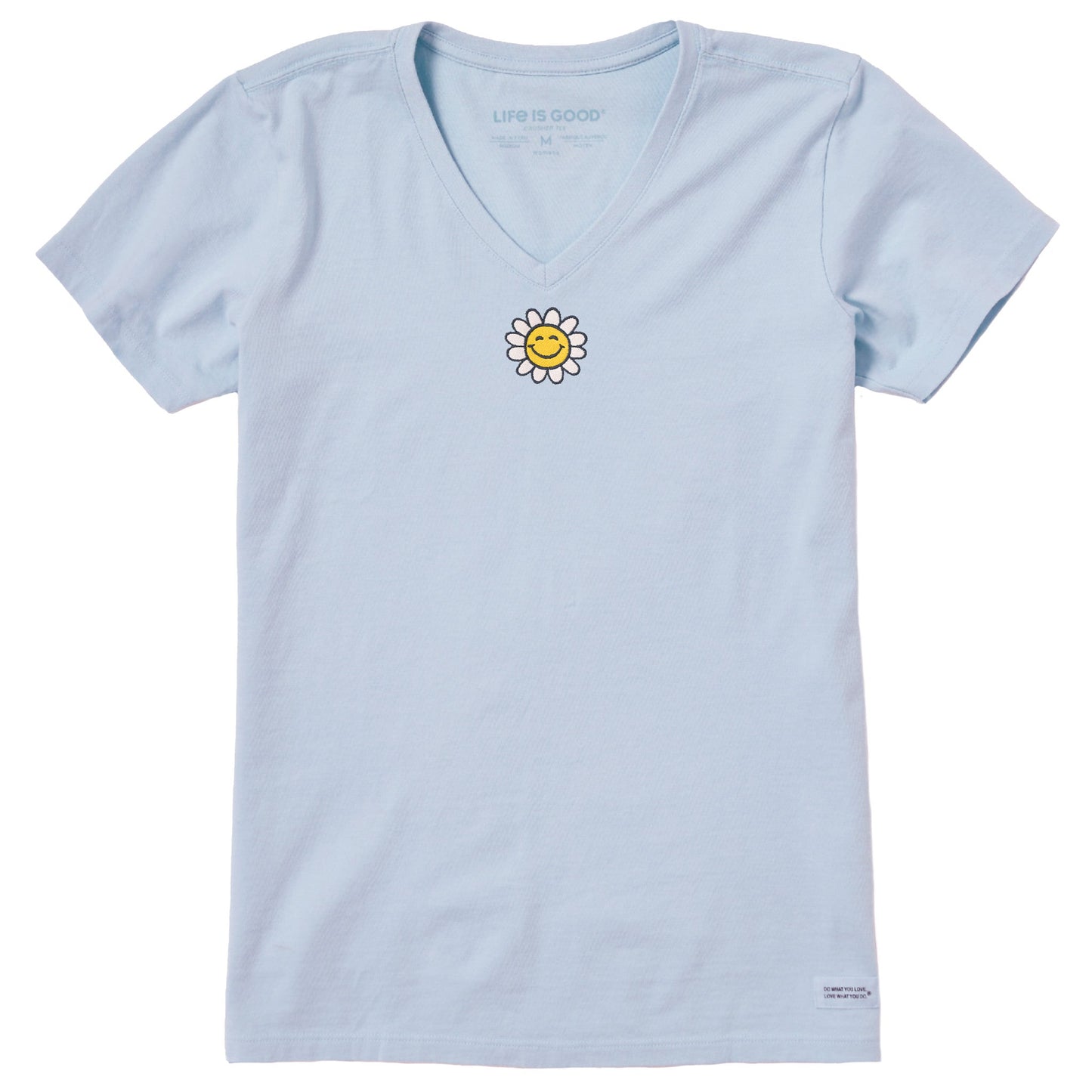 Women's Embroidered Smile Daisy Short Sleeve Crusher Vee
